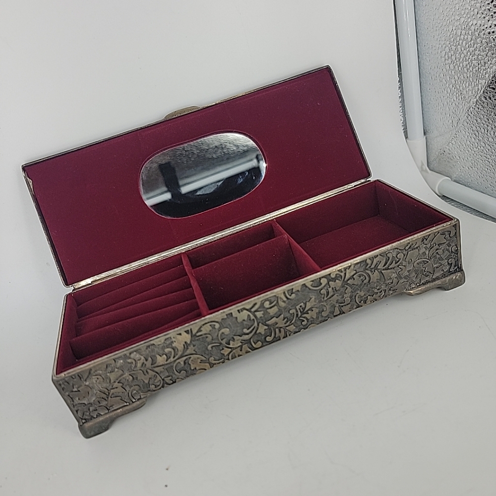 Vtg Godinger Silver Co‎ Jewelry Box 1990's Rectangular Red Velvet Lined Mirror